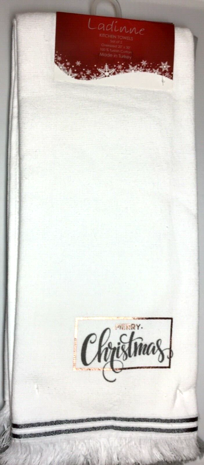 LADINNE KITCHEN TOWELS (2) WHITE GRAY GOLD MERRY CHRISTMAS 20 X 30 NIP