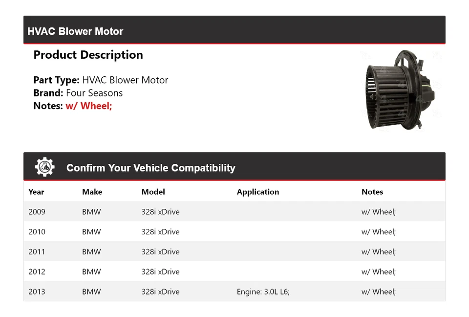 For 2009-2013 BMW 328i xDrive HVAC Blower Motor 4 Seasons 2010 2011 2012 - Image 2 of 4