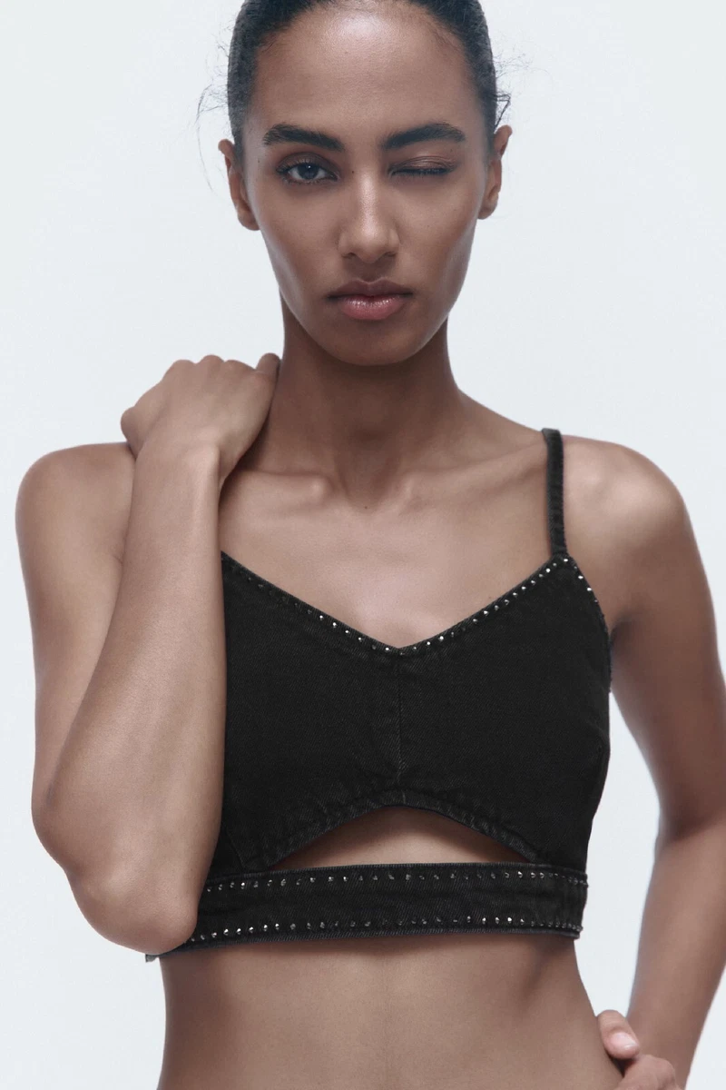 Zara Denim Diamante Crop Top Black Jean Rhinestone Stretch Bralet