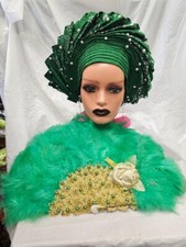 Traditional Green Bridal Feather Hand Fan with gold design