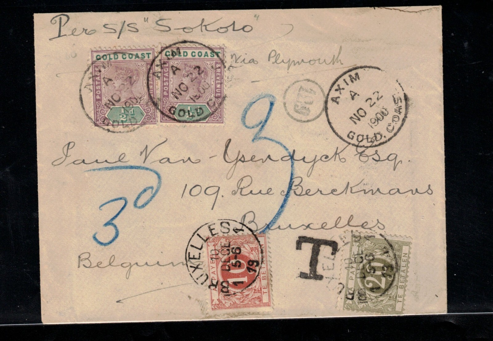 Gold Coast #26 (x2) 1900 Queen Victoria 1/2d Used On Cover To Belgium