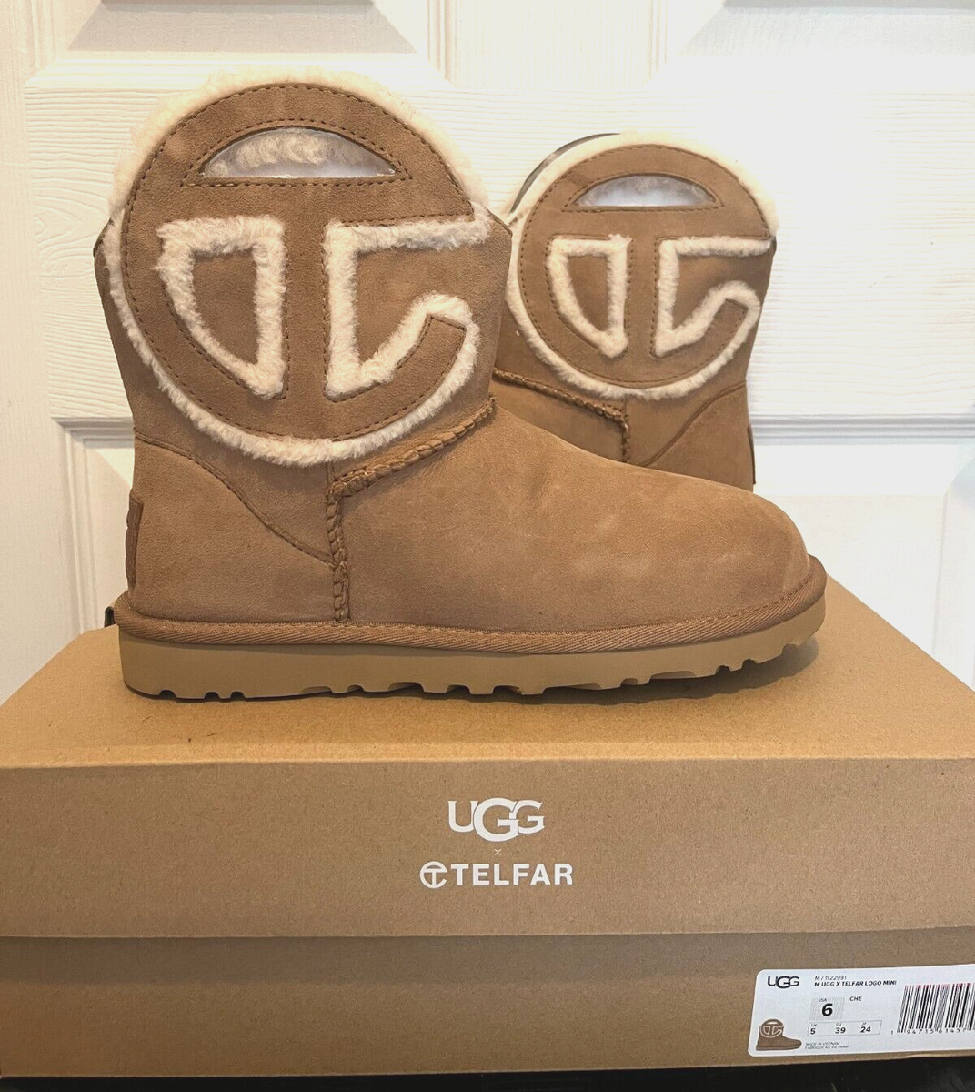 NIB UGG X TELFAR LOGO MINI CHESTNUT SHEEPSKIN BOOTS SIZE US NIB UGG X TELFAR LOGO MINI CHESTNUT SHEEPSKIN BOOTS SIZE US