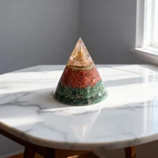 Orgonite Cone Pyramid with Red Jasper, Fuchsite, Gold Flakes & Brass Pyramid