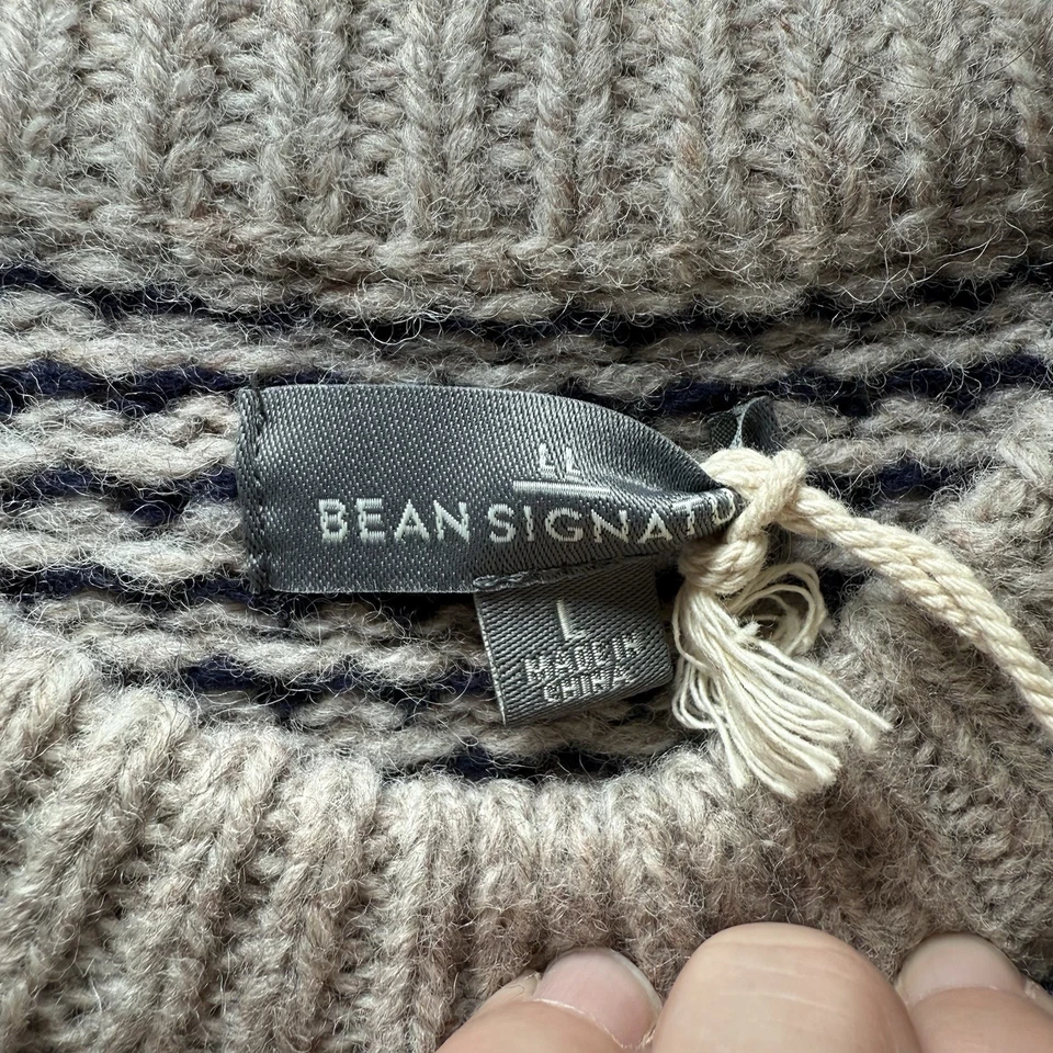 LL BEAN Signature Mens Wool Sweater Birdseye Chunky Knit Crew Neck Tan Sz L NEW - Image 3 of 4