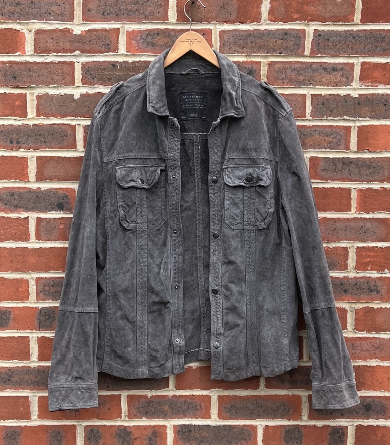 All Saints Mens HENNINGER Leather Shirt Jacket LARGE Grey Moto Biker Shacket