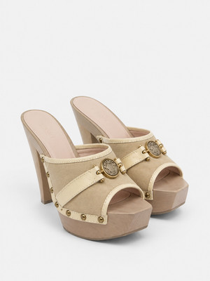 Versace Medusa Platform Mule Sandals Y2L Beige Suede Leather Heels EU 39