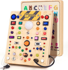 Busy Board with 19 LED Light Switches, Montessori Wooden Sensory Toy for Toddler