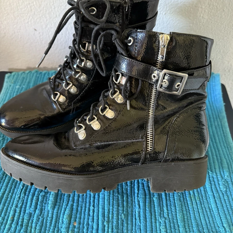 Botas de Combate De Colección Y2K Negro Charol Talla 9 Whimsigoth Grunge Con Cordones Cremallera Foto 3 de 4