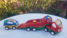 Vtg BRIO 13" Lrg Hefty Plastic Truck Race Car Hauler Transport Toy Age 3-5 Rare