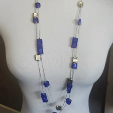 Charming Charlie Long Necklace Silver Tone Chain Blue Bead Modern
