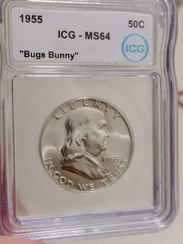 1955 Franklin Half Dollar ICG-MS64 "Bugs Bunny" Rare Variety