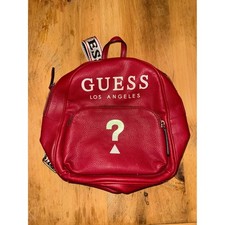 GUESS Los Angeles Izzy Red Pebbled Leather Backpack Question Mark Logo
