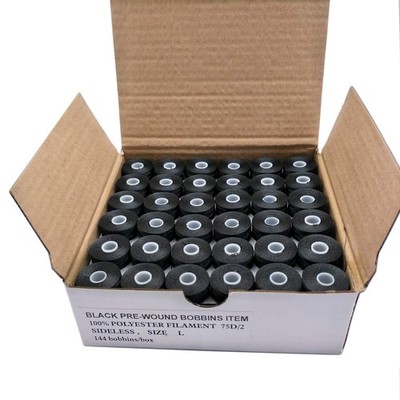 Prewound Bobbin Thread, Sideless, 144pcs Type L Size (SA155) Black 75D/2 Poly...