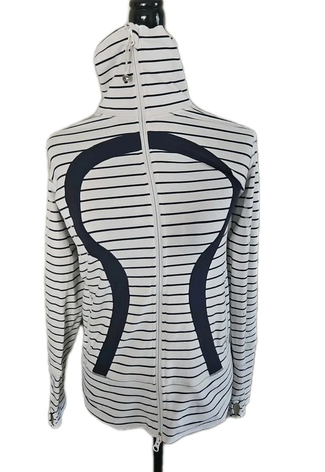 Chaqueta Lululemon Mujer Azul Y Blanco Larga Lenth Cuello Alto Rayas Stride 6 Foto 3 de 4