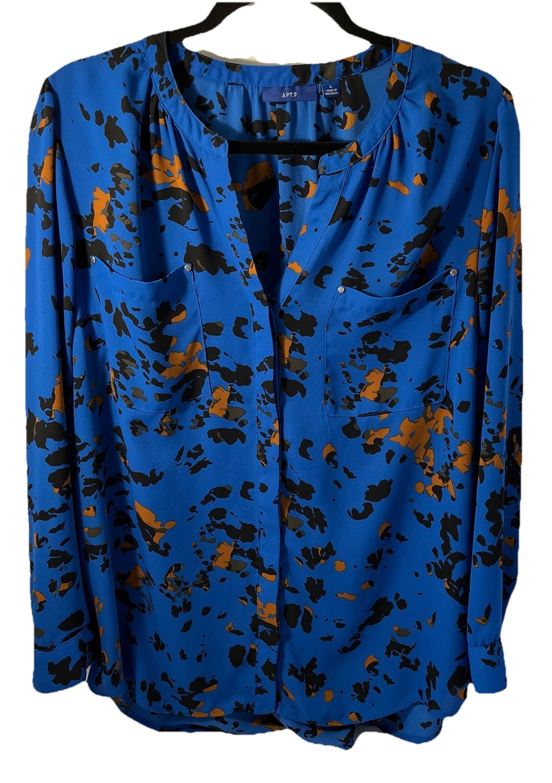 Apt 9 Sz Large Blouse Long Sleeve Blue With Black/Brown All Over Design