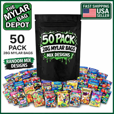 50 Pack 28g Mylar Bags Assorted Designs Smell Proof 1oz Resealable Zip Pouches