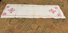 Vintage Hand Embroidered Table Runner Red Floral Cross Stitch on Linen 32" x12''