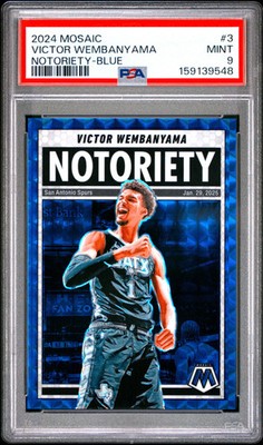 Victor Wembanyama 2024-25 Mosaic Notoriety Blue Prizm Spurs 185/199 PSA 9