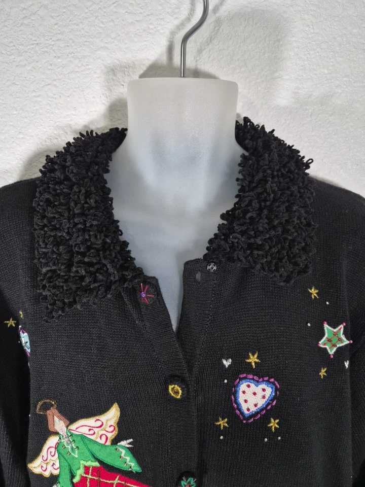 Quacker Factory Black Button-Up Cardigan Angels & Hearts Sweater Size 2X - Image 4 of 4