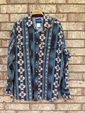 Vintage 90s Wrangler Western Shirt Aztec Pearl Snap Blue Men  s L/XL