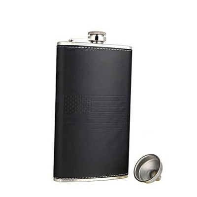American Flag Pocket Whiskey Liquor Leather Wrapped Hip Flask with 12 oz Black