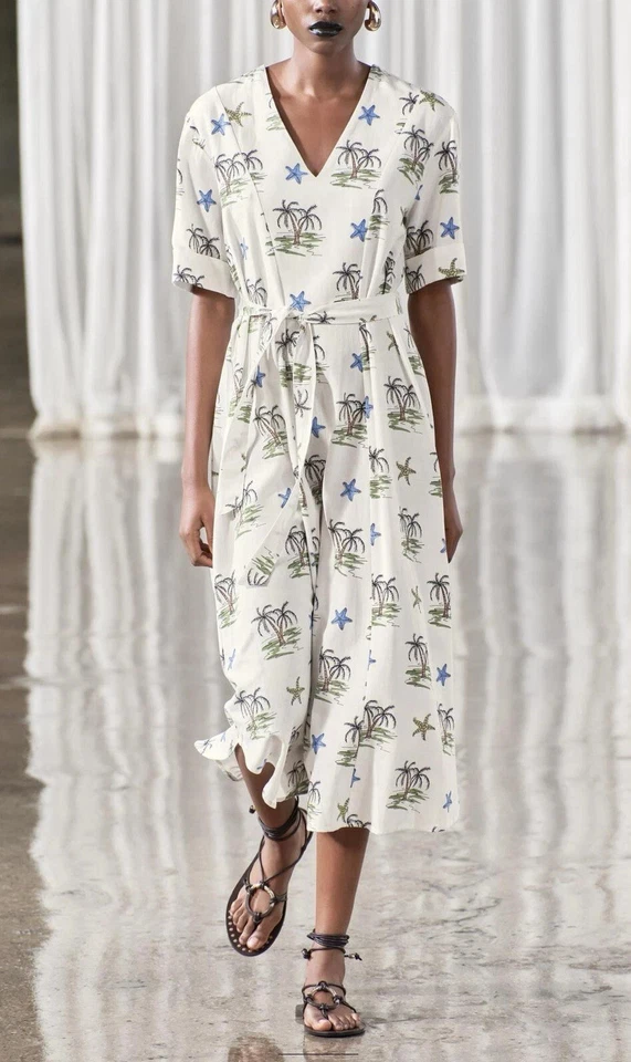 ZARA ECRU MIDI MAXI SHIRT DRESS STARFISH PALM TREES LINEN 5216/045 XS BLOGGER - Image 3 of 4