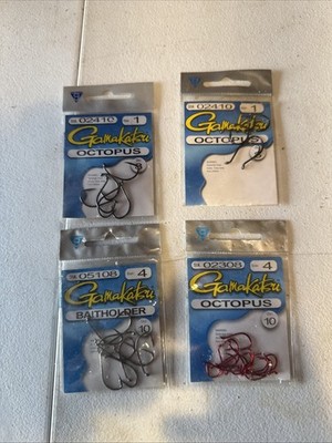 Four (4) Packs Gamakatsu Fish Hook Size 1 And 4,  8/Pack, 32 Hooks Total