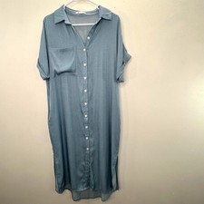 Cupshe Midi Shirt Dress M Chambray Blue Button Up Short Sleeve Coastal Boho