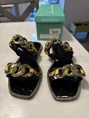 Lauren Lorraine Womens Size 7 Black Jelly Slide Sandals Gold Chain Rhinestone