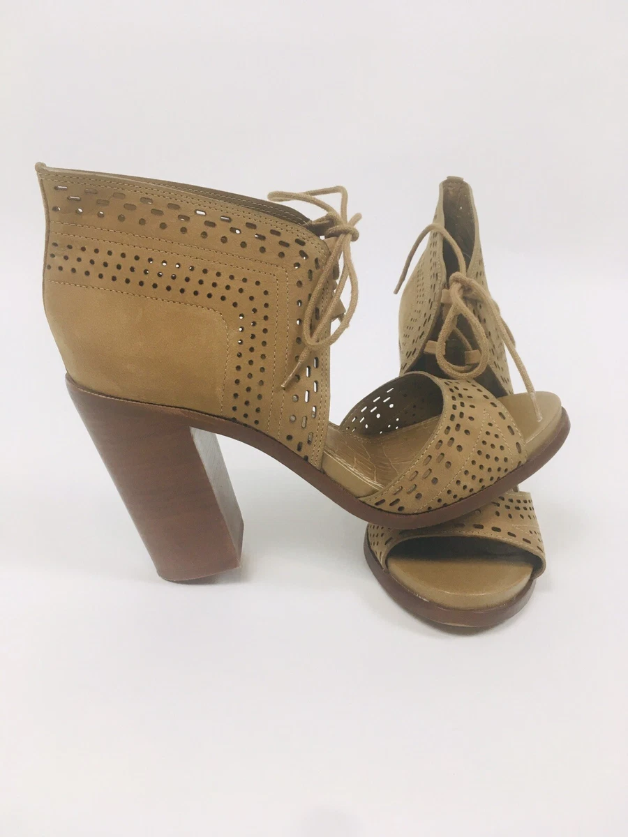 Gianni Bini Shoes Womens Size 9.5 Tan Block Heel Lace Leather Peep Toe Cutout