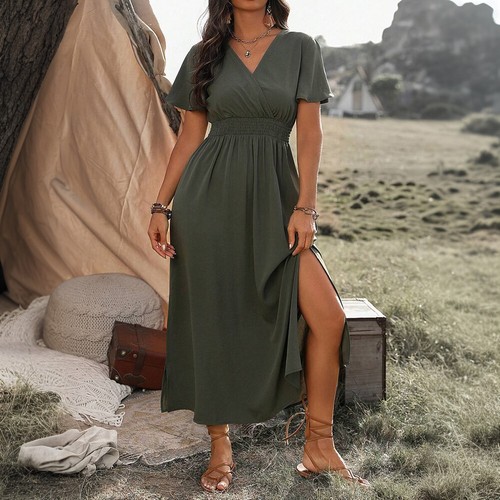 Damen V-Neck Sommerkleid Midikleid Kurzarm A-Linie-Kleid Freizeitkleid Übergröße