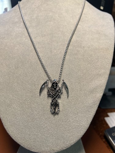 Stainless Steel Death Skeleton Skull Grim Reaper Pendant Necklace Scythe (#10)