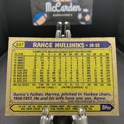 1987 Topps Rance Mulliniks #537 Toronto Blue Jays - Picture 2 of 2