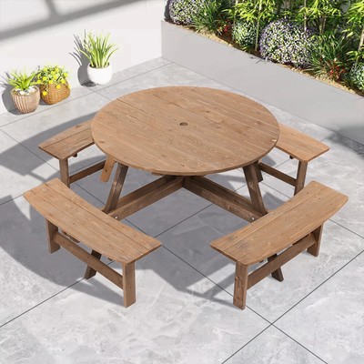 8-Seater Round Wooden Picnic Table Set With Benches Parasol Hole Outdoor  UK