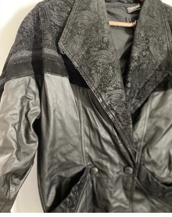 Vintage Wilsons Leather 80’s Black Paisley Trench Coat Grunge Women’s Size PS - Image 3 of 4
