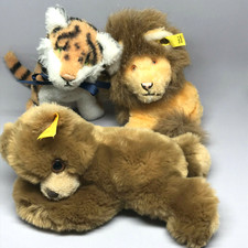 Steiff Plush x 3 Snuffy Lion Ponx Tiger Floppy Bear 2 ID Buttons Tags 1970s Vtg