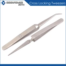 Cross Locking Tweezers Bent & Straight Reverse Action Stainless Steel 4-3/4" 2pc