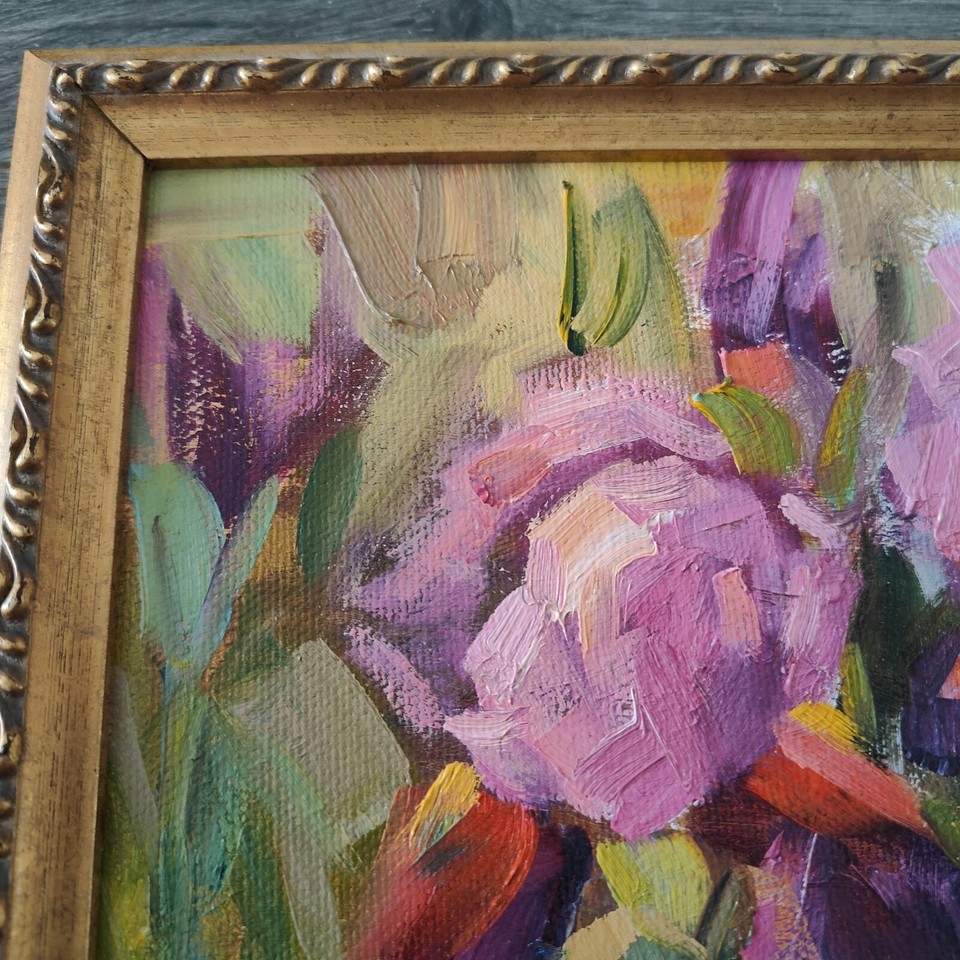 Purple Iris Framed Painting Small Original Art Abstract Painting Signed