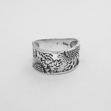 Sterling Silver Sunflower Band Ring with Leaves, Flower Rings, Happy Flowers