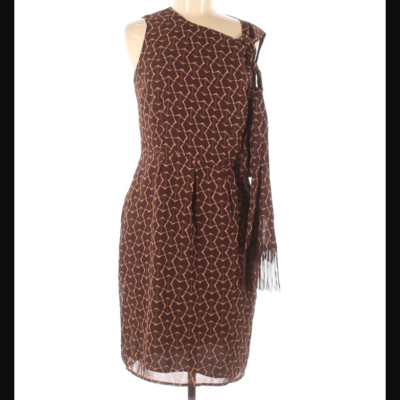Curations Casual Dress Brown Gold Print Matching Scarf/Belt Sleeveless Size M