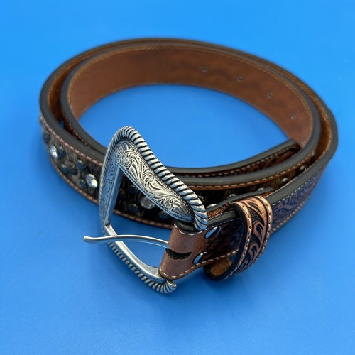 Vtg Nocona Western Bling Belt XL Brown Calf Hair Stud Rhinestones Tooled Cowboy