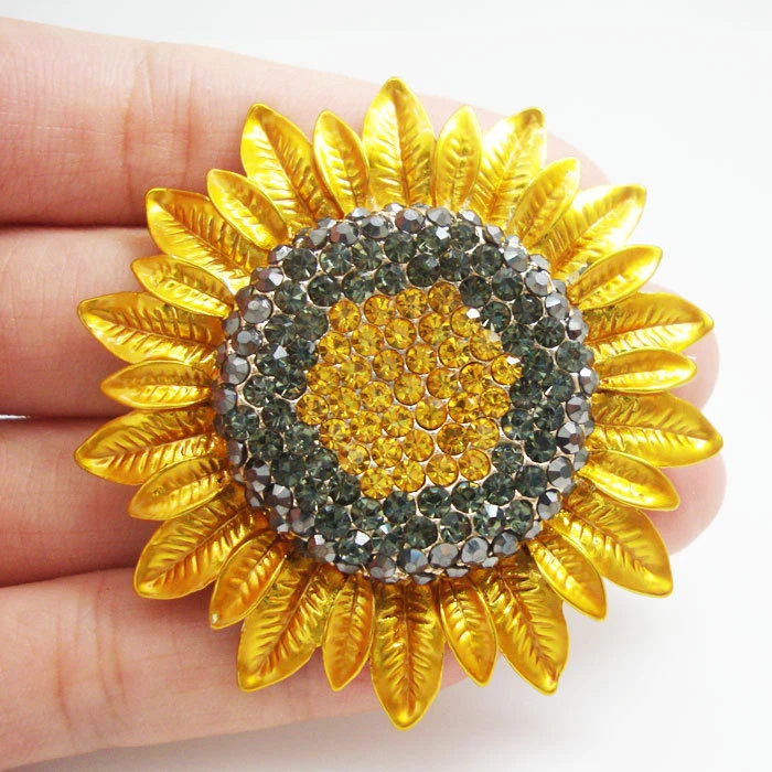 Broche prendedor de cristal con estrás amarillo flores girasol encantador joyería de moda Foto 2 de 3