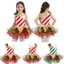 Kids Girls Christmas Dance Costumes Tulle Skirts Leotard Candy Cane Tutu Dress