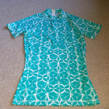 Womens Swim Top-J. CREW-aqua/white patterned stretch "Rash Guard" 1/4 zip ss-S