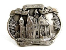 West Bend Wisconsin Belt Buckle Marked PROOF By Reward West Bend Inc