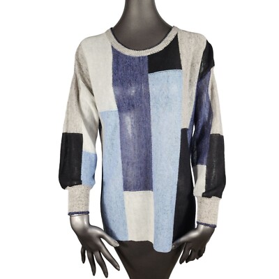 WHITE + WARREN Blue Sweater Longsleeve Patchwork Crewneck Black Indigo
