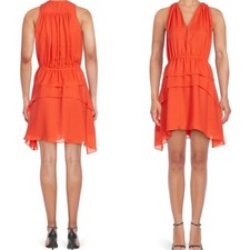 Derek Lam 10 Crosby 100% Silk Sleeveless Tiered Twirl Mini Dress 4 Red Orange