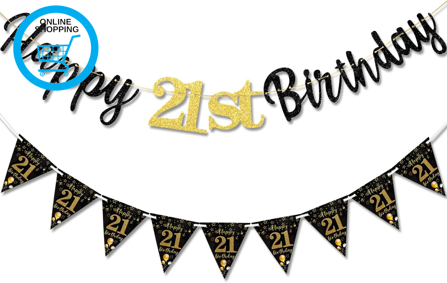 21St Birthday Decoration Banner Men Women | Black Gold Happy 21St Birthday Banne