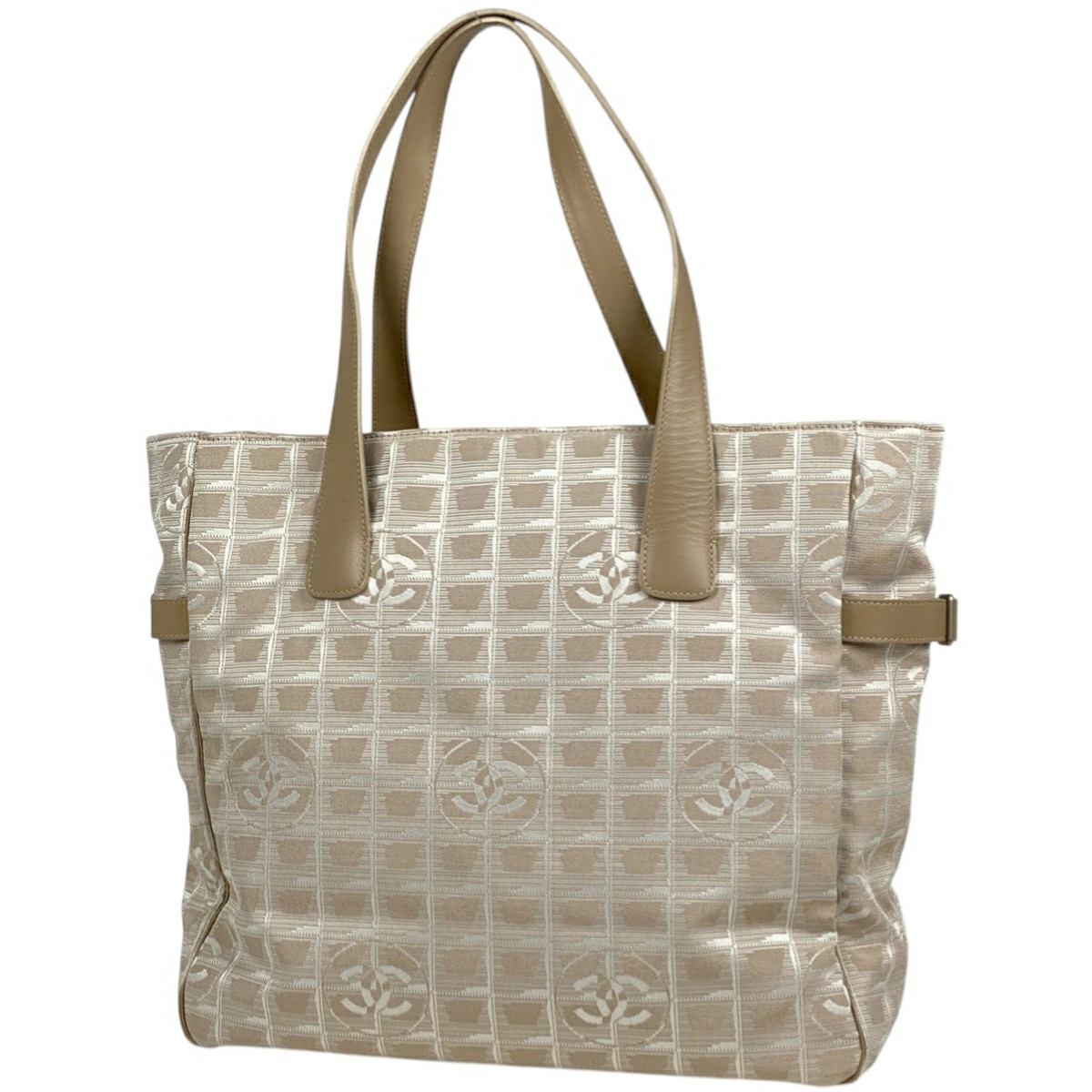 CHANEL Coco Mark Nylon Jacquard GM Travel Tote Shoulder Bag Neutral