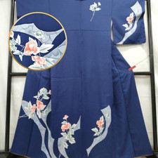 Navy Rose LONG Vintage Hand Paitned Japanese Silk Kimono Robe Dress 9449